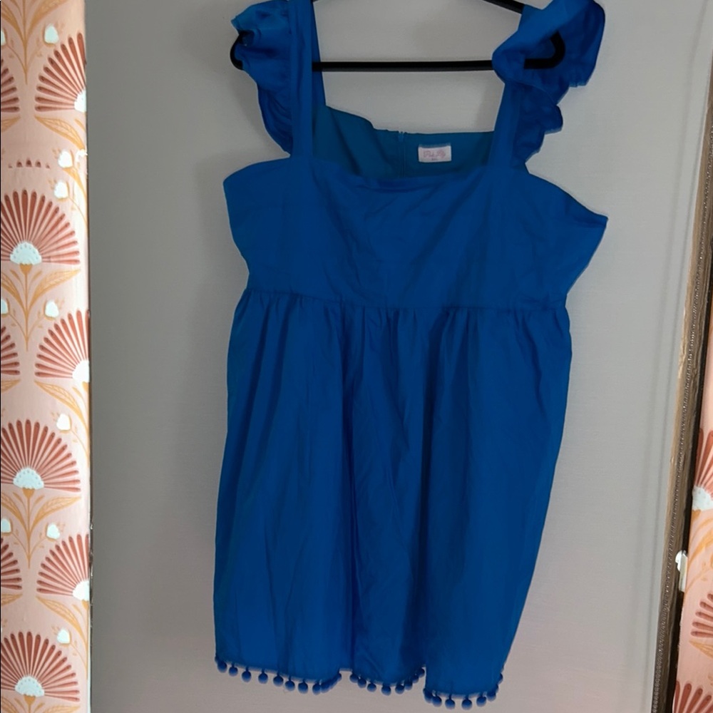 Blue Dress with Pom-Pom Hem